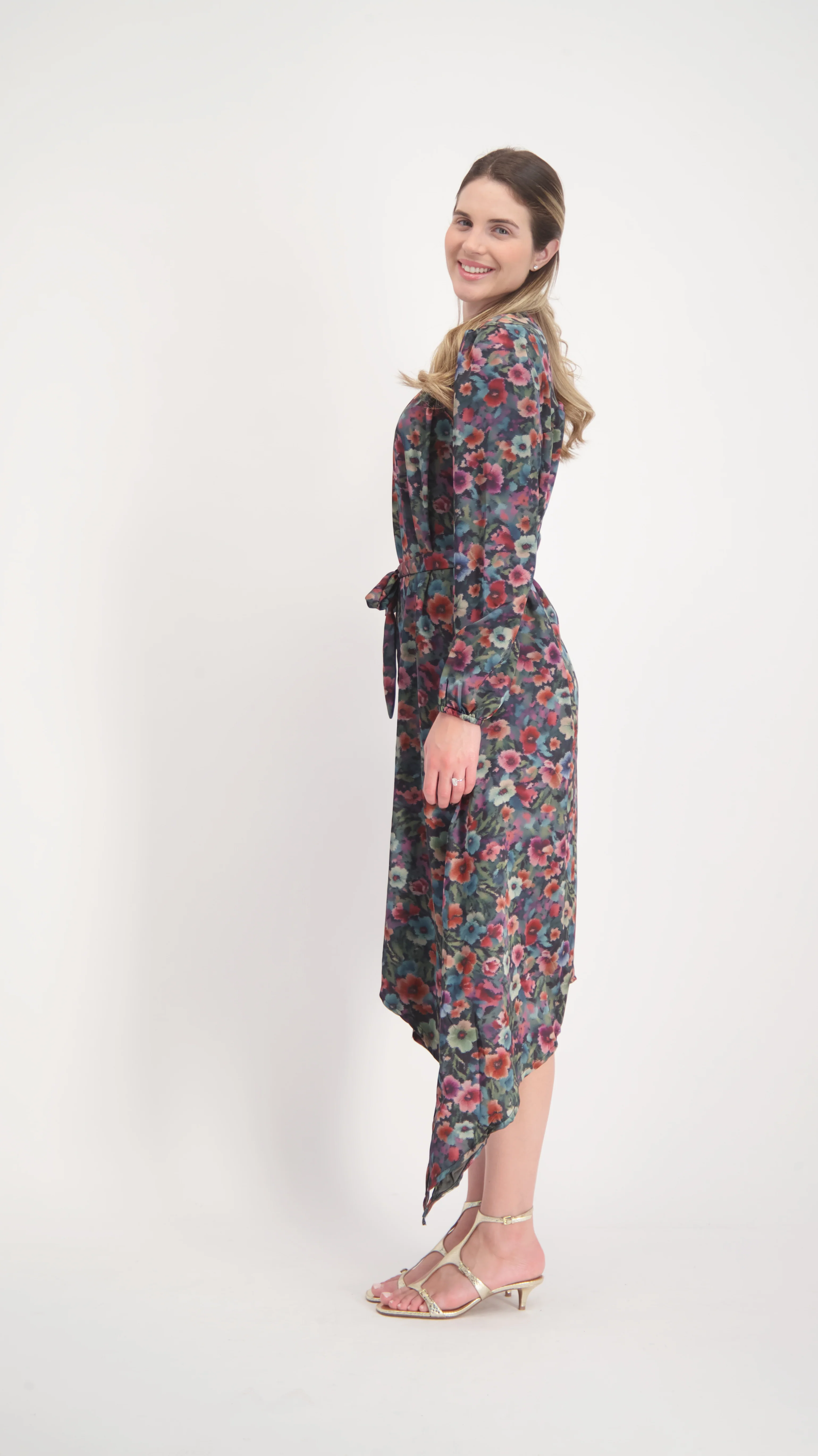 Asymmetric Dress With Belt / Pink Flowers - Image 2