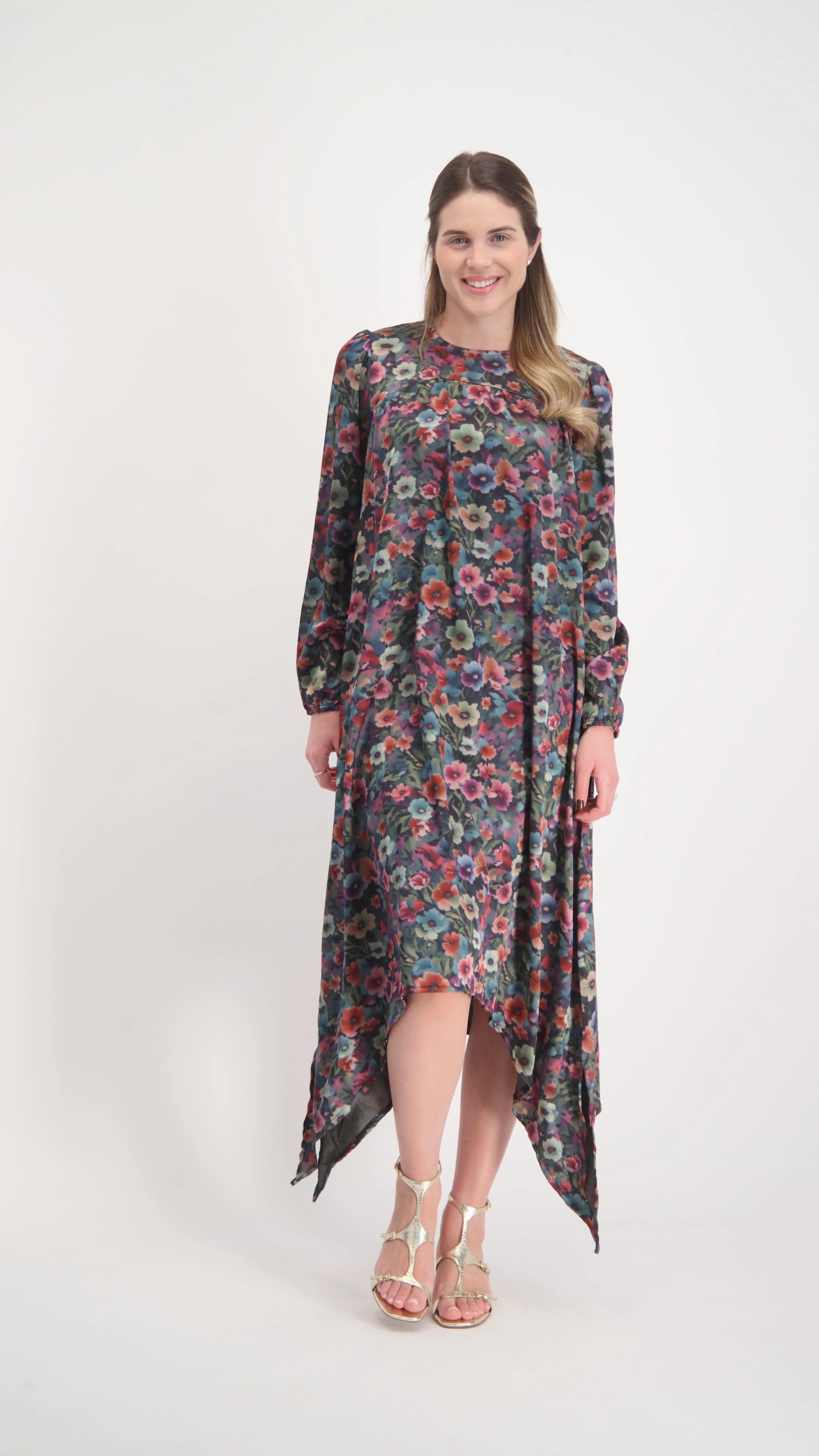 Asymmetric Dress With Belt / Pink Flowers - Image 3