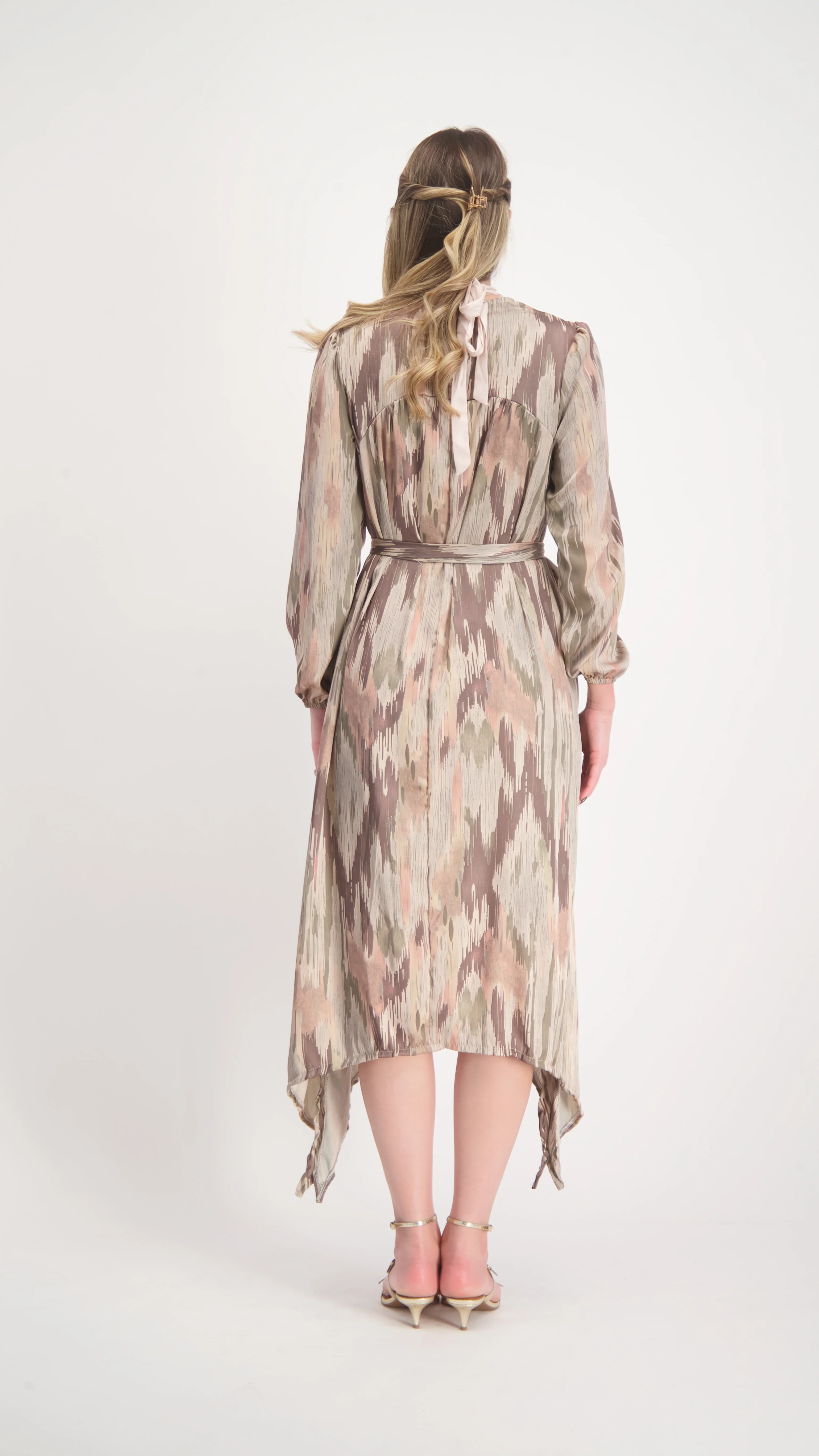 Asymmetric Dress With Belt / Brown & Green - Image 3