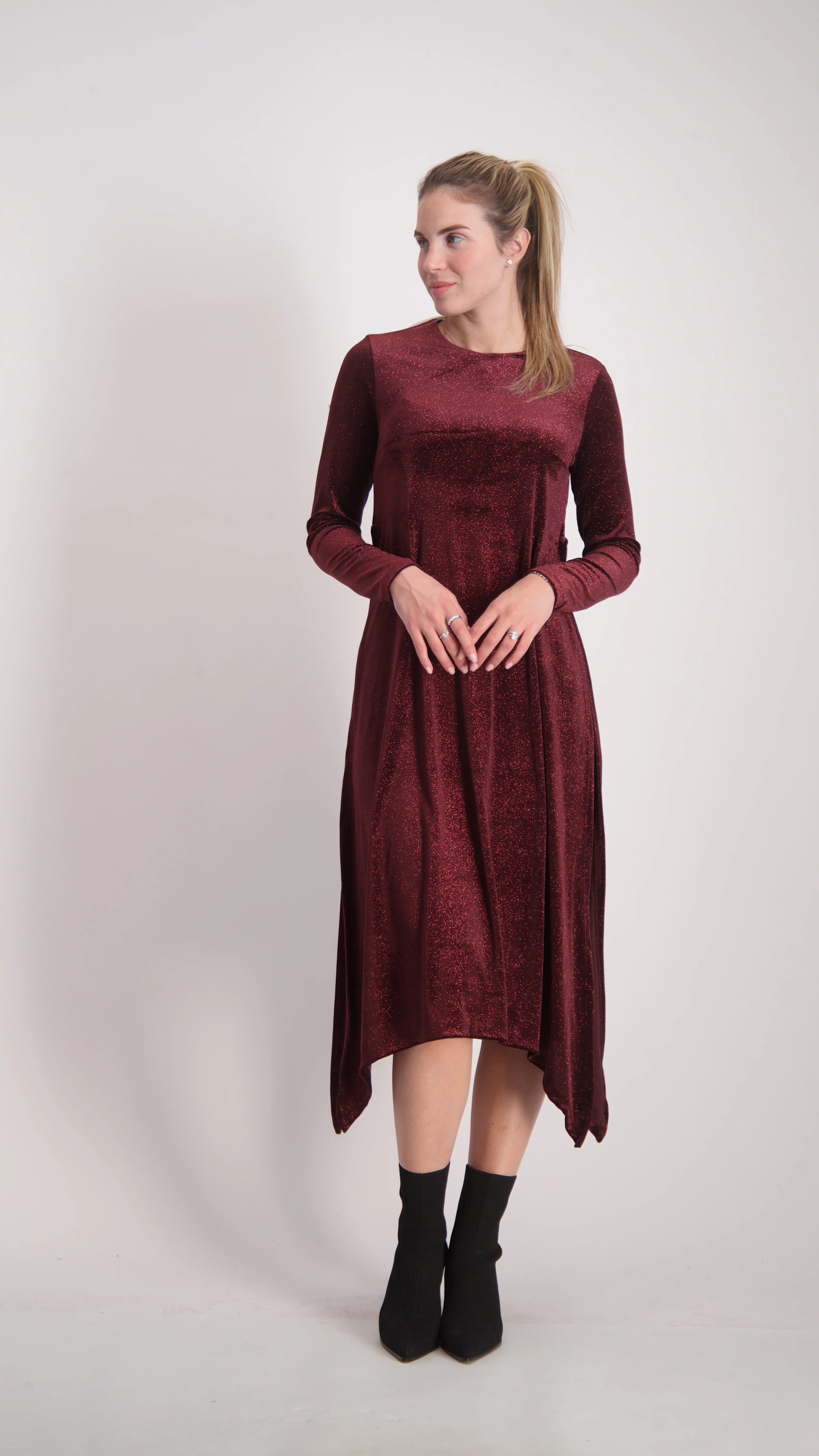 Asymmetric Velvet Dress / Bugandy Sparkle - Image 5