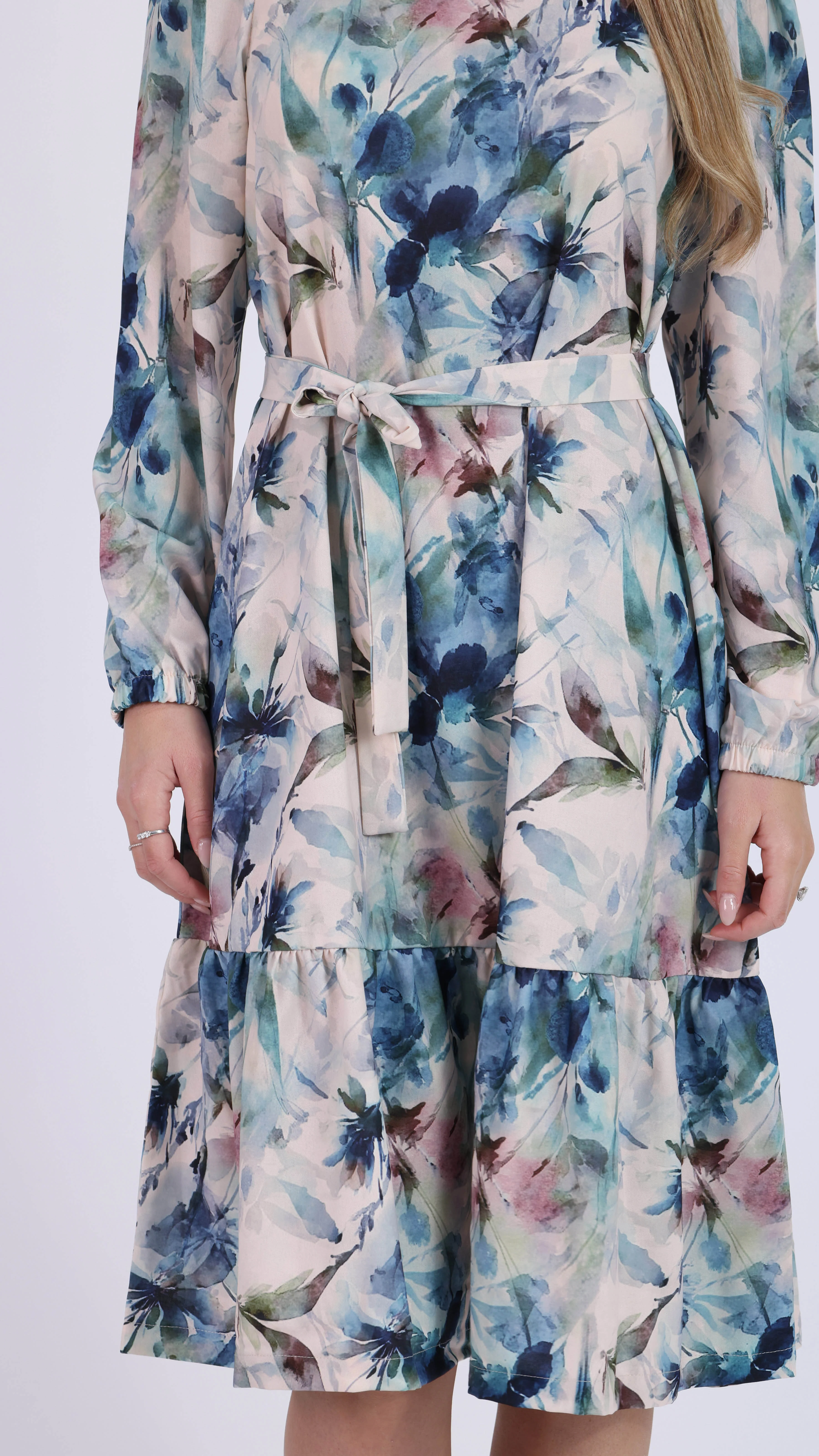 Elegant Ruffle Dress With Belt / Blue Flowers - Image 3