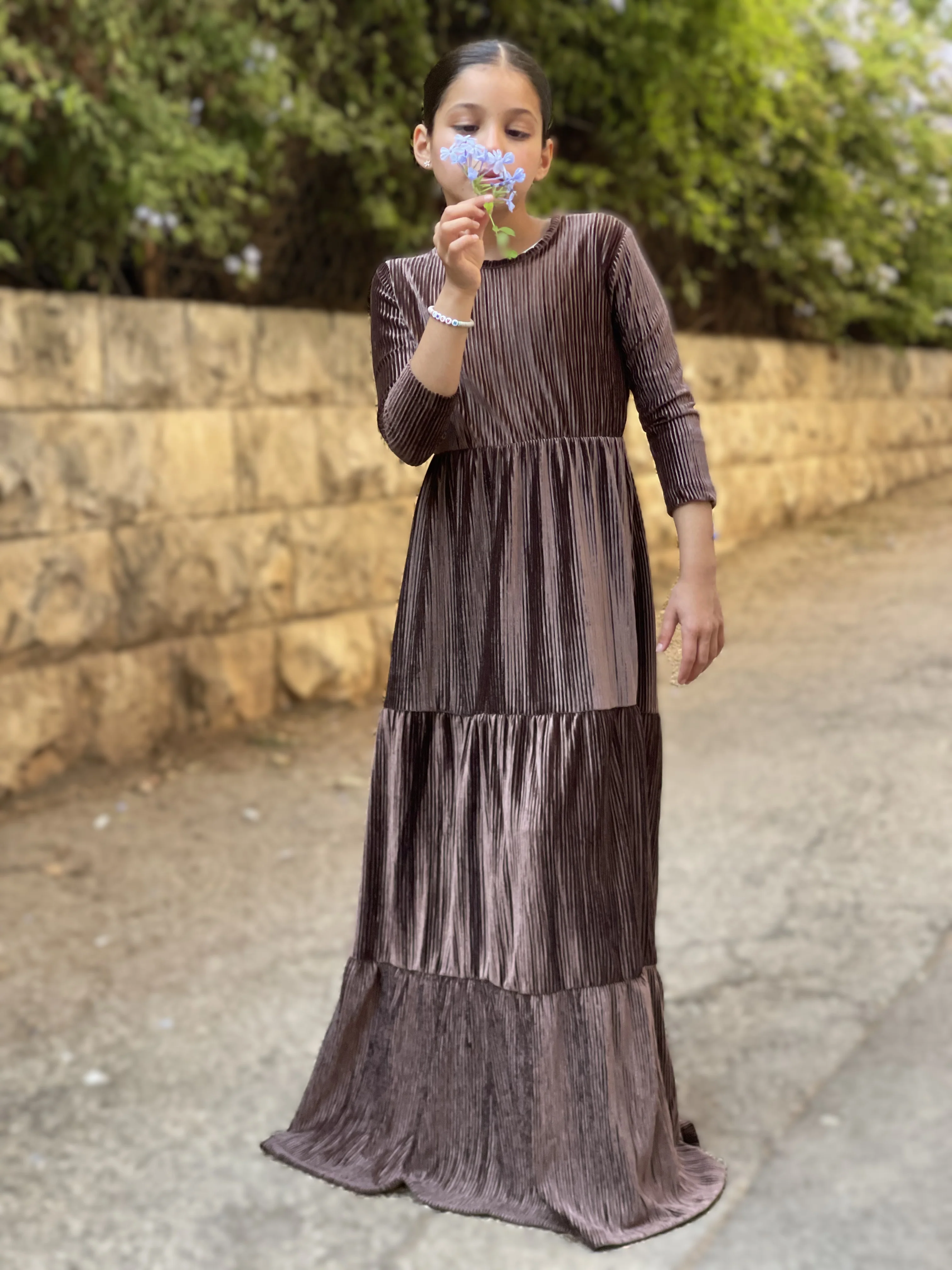Kids Ribbed Velvet Maxi Layers Dress / Brown - Image 4