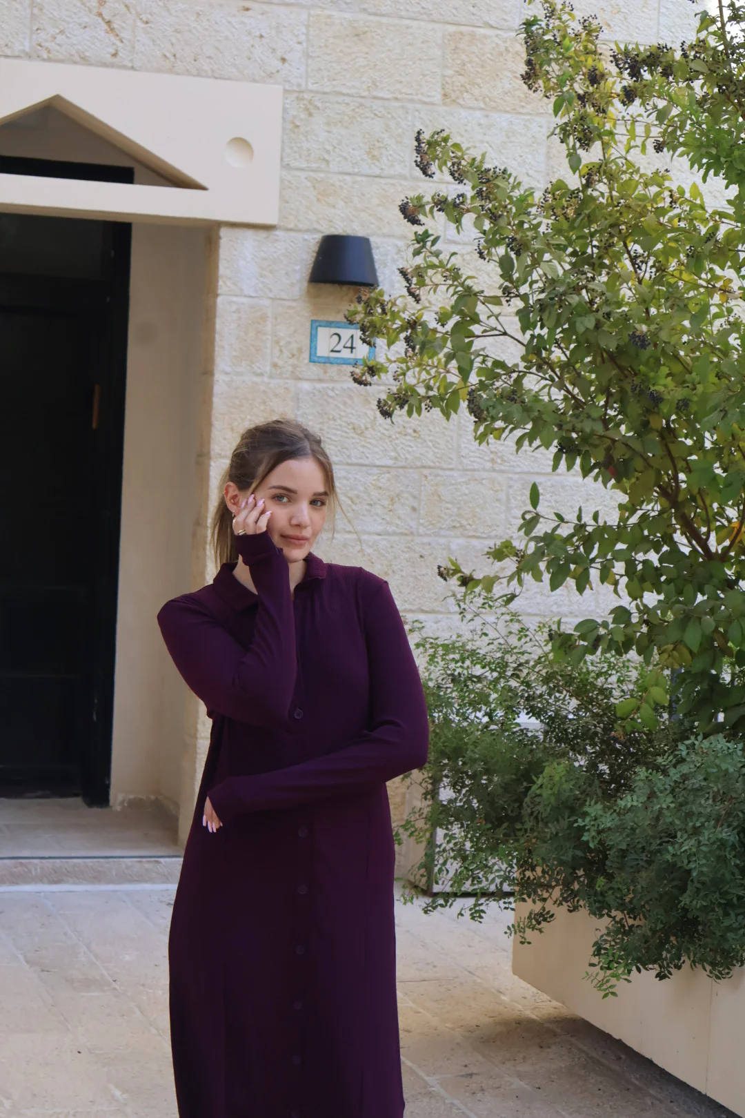 Ribbed Button Dress / Burgandy - Image 10